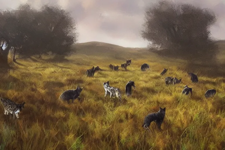 Prompt: a field moorland with a group of cats travelling, trending on artstation, by wayne mcloughlin, backlighting