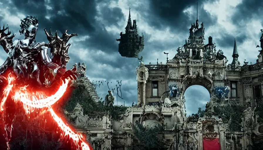 Image similar to Big budget movie about a cyborg fighting descarte's evil demon in a rococo castle