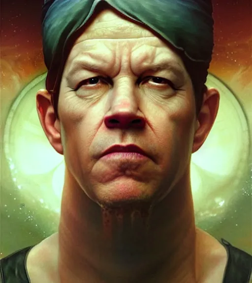 Prompt: A Magical Portrait of Mark Wahlberg as Aleister Crowley the Great Mage of Thelema, art by Tom Bagshaw and Wayne Barlowe and John Jude Palencar