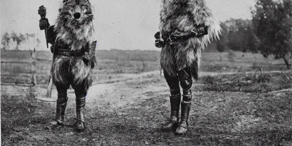 Image similar to anthropomorphic furry wolf in armor standing in front of a farm, 1900s picture