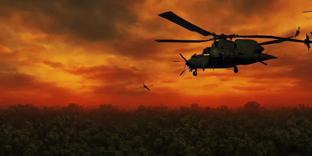 Image similar to Painting of vietnam Huey Helicopters, above a forest, orange sun set, abstract, realism, high details, glow, far, distance, over the horizon, drawn, 8k, octane render, extreme details, uniform, in sync, 3D model