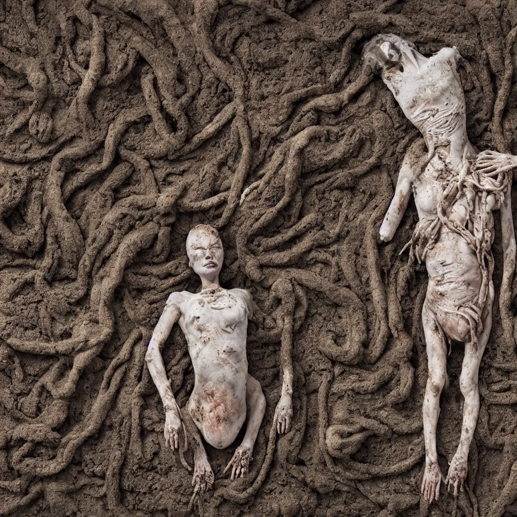 Prompt: overhead view a woman's corpse connected by an umbilical cord to a baby buried under mud and oil spill, faded, depth of field,, ultra realistic, very detailed, by hans bellmer and nadav kander, 8 k hyper realistic detailed cinematic still