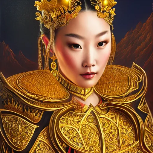 Image similar to beautiful closeup portrait of a gorgeous mongolian princess in a sensual pose covered with golden ornate armor, centered face, with full makeup, intricate, volumetric lighting, sharp focus, ultra detailed, artwork by bowater, charlie, brom, gerald, lake baikal in the background