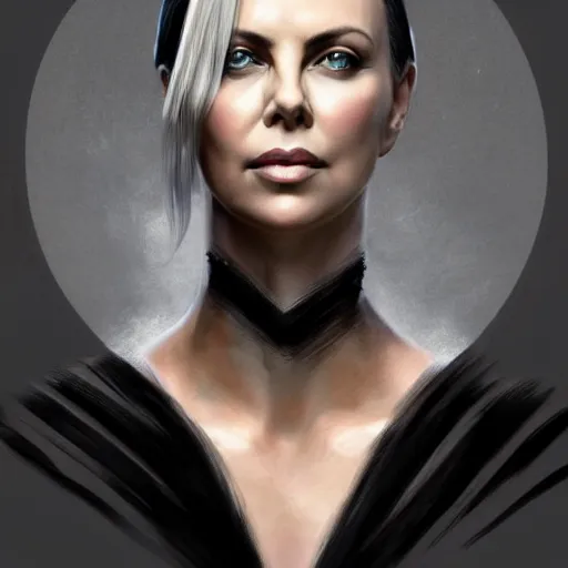 Image similar to a portrait of charlize theron as a sorceress, upper half portrait, urban motifs, intricate, elegant, highly detailed, digital painting, trending on artstation, concept art, smooth sharp focus, illustration, art by artgerm and greg rutkowski