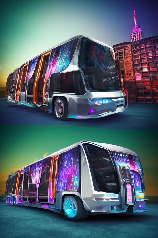 Image similar to photo of a futuristic nightliner tourbus outside in new york at night, printed band name on the nightliner is tripmachine, realistic digital art, textured with a 3 d render of a huge futuristic steampunk generator, 8 k, fluorescent colors, halluzinogenic, multicolored, exaggerated detailed, unreal engine