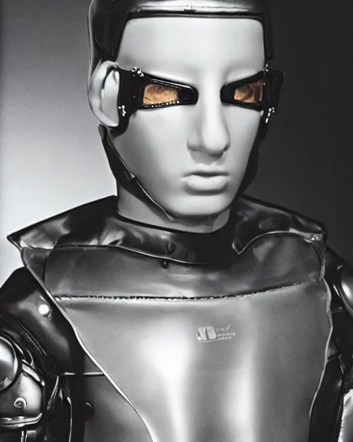 Image similar to young eminem wearing a futuristic mechanical mask with amber eye reflective lenses, and black leather body armor.