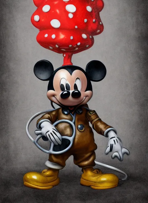 Image similar to 1 9 4 5 wartime mickey mouse, gas mask, automotive, flower pop, porcelain, fractal, leathery, wet, broken, melting, rococo, mycelium, baroque, sumerian, radiant alien, magic kingdom, octane render, high detail