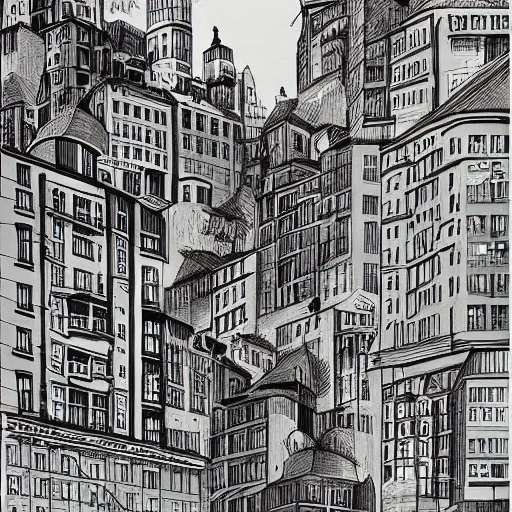 Image similar to a black and white drawing of a city, a storybook illustration by mattias adolfsson, behance contest winner, modern european ink painting, matte drawing, storybook illustration, panoramic, cityscape, minimalist