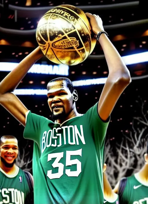 An impressionist oil painting of jayson tatum lifting the larry o'brien  championship trophy