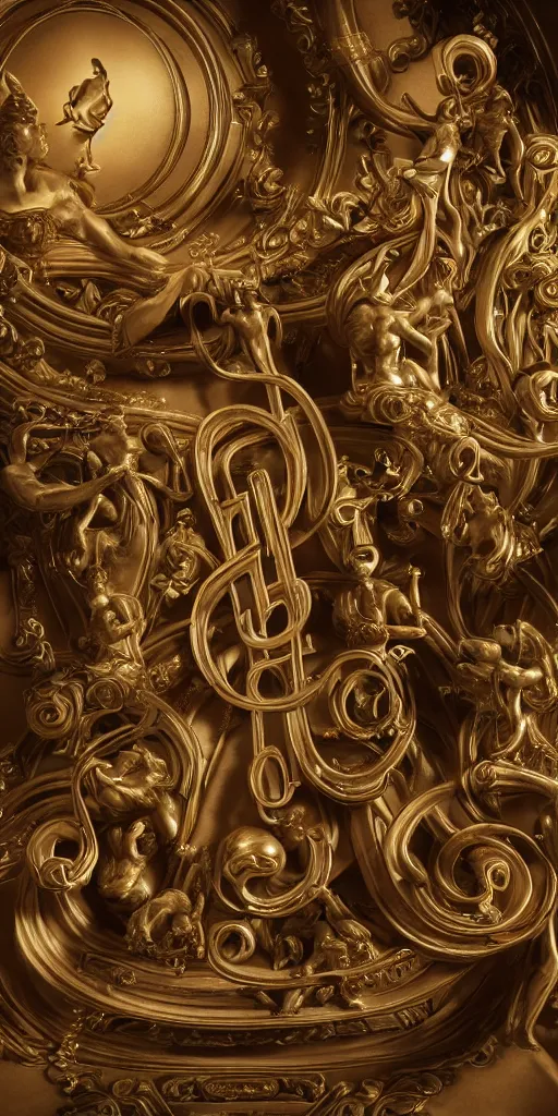 Image similar to an epic treble clef and sheet music baroque statue devoted to the gods of music, gi, global illumination, physically based rendering, photoreal, small details, intricate