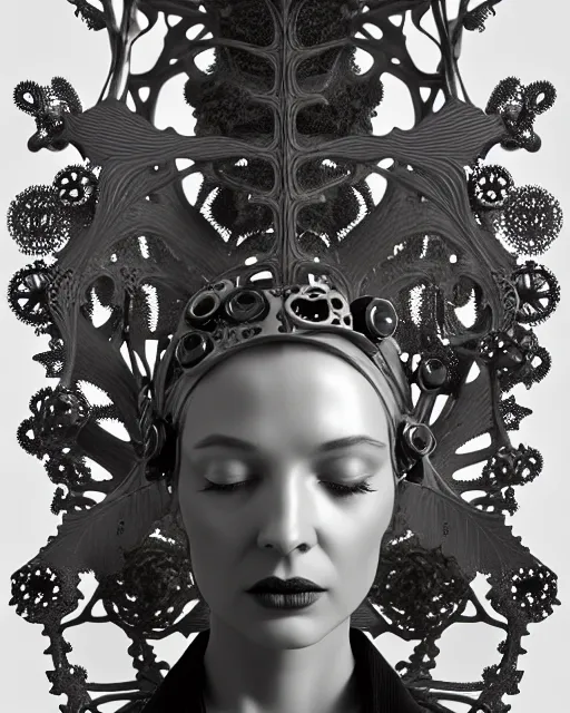 Image similar to monochrome 3 d model, 1 9 4 0 picture, silver floral steampunk biomechanical beautiful young female cyborg with porcelain profile face and a techno eye, volumetric light, leaves foliage and stems, hibiscus flowers, sinuous fine roots, fine foliage lace, alexander mcqueen, rim light, big gothic fashion pearl embroidered collar, octane render, 8 k