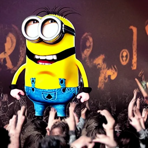 Image similar to minions as a heavy metal band from 8 0 s playing concert on wembley arena together with queen band