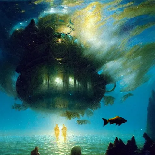 Image similar to point of view of deep in the ocean looking up, you see fishes, higher up you see the splendorous milk way illuminating the sea. highly detailed painting by gaston bussiere, greg rutkowski 8 k