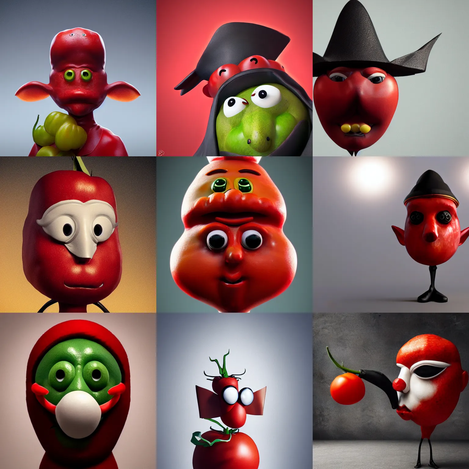 Prompt: a highly detailed tomato character, long crooked nose, wearing a black pulcinella masquerade mask, cinematic lighting, deviantart, full body, wide shot, octane render, lowbrow, surrealism, artstation, acclaimed movie still