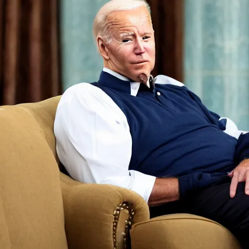 Image similar to Joe Biden fat and out of shape lying on the couch watching tv