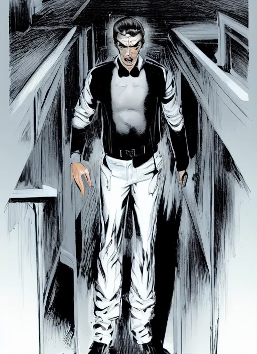 Image similar to aesthetic digital illustration of a handsome young man standing in an empty white room by brian bolland, rachel birkett, alex ross, and neal adams | sinister, dangerous, character concept, concept art, unreal engine, finalrender, centered, deviantart, artgerm