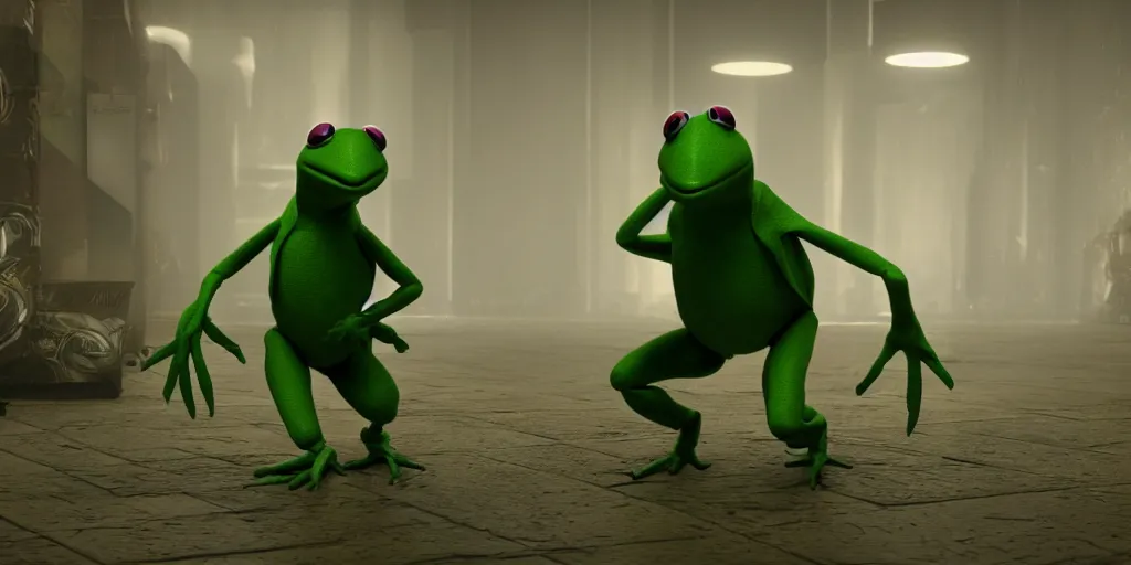 Prompt: the matrix starring kermit the frog dimly lit, unreal engine, octane render, 8 k