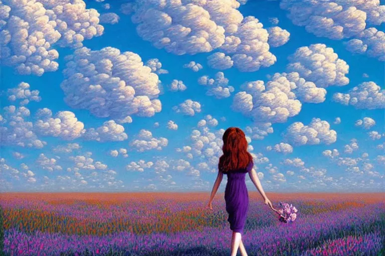 Image similar to giant flower head, woman walking, surreal, clouds in sky, impressionist painting, digital painting, artstation, rob gonsalves