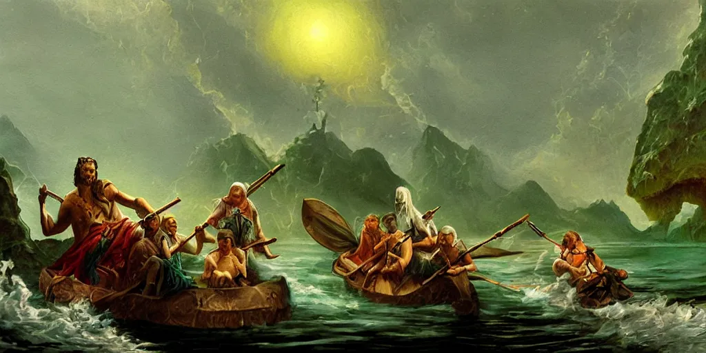 Prompt: high quality, realistic fantasy painting of Charon ferrying souls over luminescent green River Styx