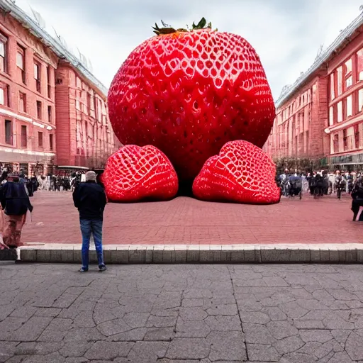 Image similar to super wide shot of giant strawberry monster on red square, 4 k, greg rutkowski, bokeh