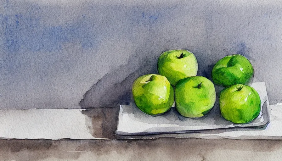 Prompt: watercolor painting of green fresh apples on white paper, bright, white table, white walls