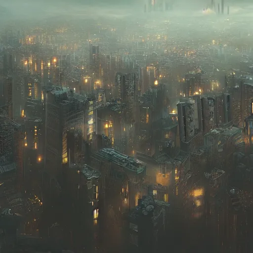 Prompt: megacity, hive city, futuristic dystopian endless, intricate, complex, labyrinthine, byzantine, tangled, matte painting, smoke, fog, night, gloomy, dark, dramatic, cinematic, volumetric lighting, gods eye view