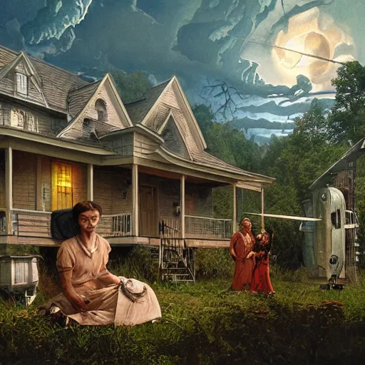 Prompt: high quality high detail matte painting by david mattingly and norman rockwell and nc wyeth, hd, realistic, photorealistic lighting, composition and layout in the style of gregory crewdson, modern supernatural horror.