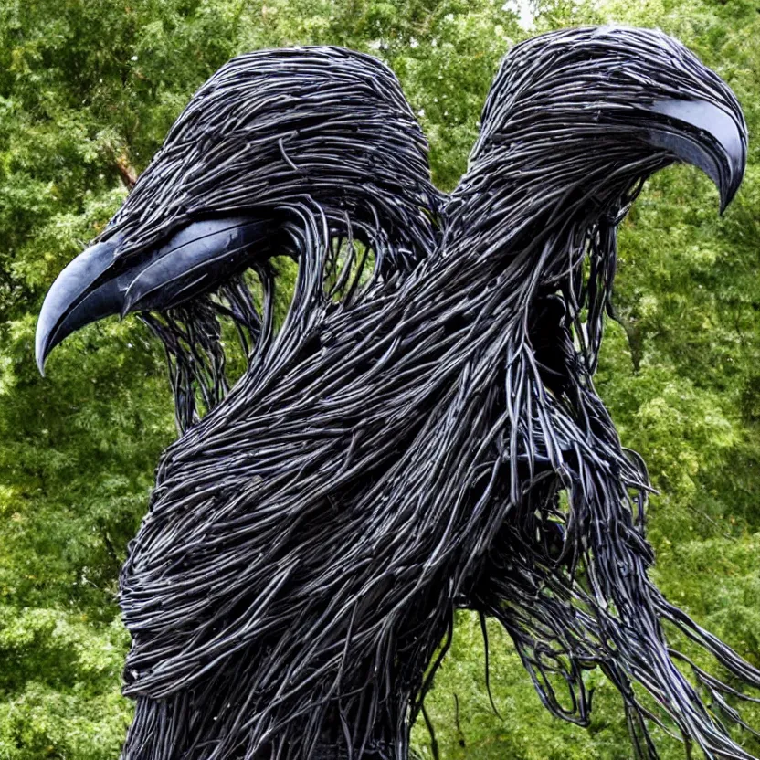 Image similar to imposing scary intricate raven outdoor sculpture made of oily cords