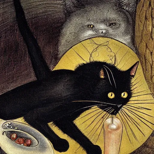 Image similar to a black cat possessed by satan, painting in the style of hieronymus bosch