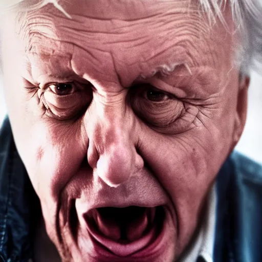 Image similar to angry david attenborough with shotgun, extreme detail, studio light, photorealistic, gritty, movie still, cinematic, bruised face, soft focus, well edited, 8 k, atmospheric, cigar,