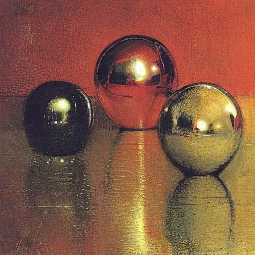 Prompt: chrome spheres on a red cube by john atkinson grimshaw