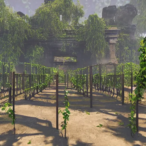 Prompt: Racks of computer equipment surrounded by ancient ruins and covered in vines, concept art, highly detailed, 8k, hyper realistic, unreal engine