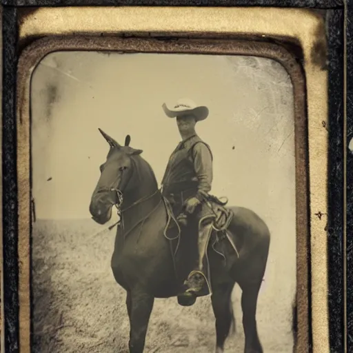 Image similar to tintype photo, bottom of the ocean, cowboy riding unicorn