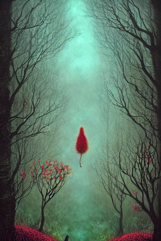 Prompt: surreal, fantasy, fairytale animals, flowerpunk, mysterious trail through the forest, by andy kehoe
