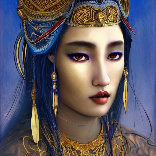 Image similar to painting of junoesque plus size mongolian priestess of the moon, golden filigree armor and tiara, moon above head, dark blue straight hair, smooth translucent skin, wide striking eyes, beautiful! coherent! by brom, by brian froud, strong line, high contrast, muted color, 4 k, trending on artstation