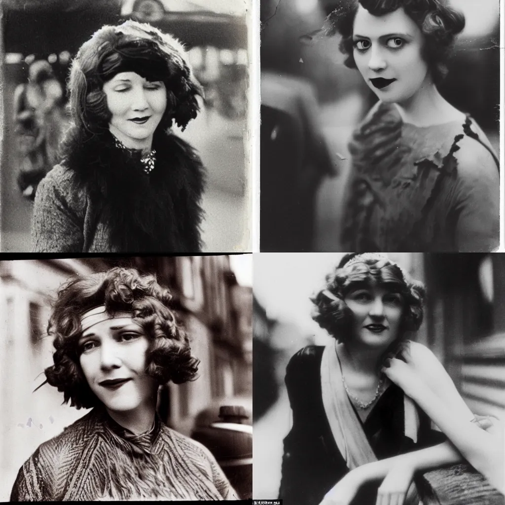 Prompt: A flash celebrity photograph, vintage photo of a candid street portrait of a grand duchess woman with sallow skin, flapper waved hair, flowing dark golden hair, and mono-lid eyes the color of red wine from a photojournalist from the New York Times. A midday, harsh overcasting sunlight, photographed in 1924