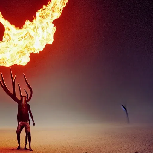 Prompt: full body shot of hanging man with long beard and antlers, his head on fire, full face occult mask, bright multiple glowing eyes, holding a large carved wooden dark fractal antler stick, thick smoke around him, in the burning earth desert, cinematic shot, wide angle, dark desert background, volumetric lighting by denis villeneuve, lubezki, gaspar noe