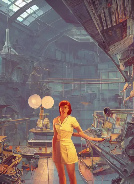 Prompt: gorgeous soviet girl scientist making research at futuristic soviet scientific lab in amazonian jungle tree tops communist agitprop by ross tran, thierry doizon, craig mullins, ilya kuvshinov, artgerm, edward hopper, dan mumford, wlop, rutkovsky, carl spitzweg, moebius, unreal engine 5, lumen, nanite