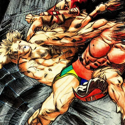 Image similar to hero wrestling against a lion in the middle of an arena, crowd of people, pencil art, added detail, high definiton, colored, aerial viewyoji shinkawa
