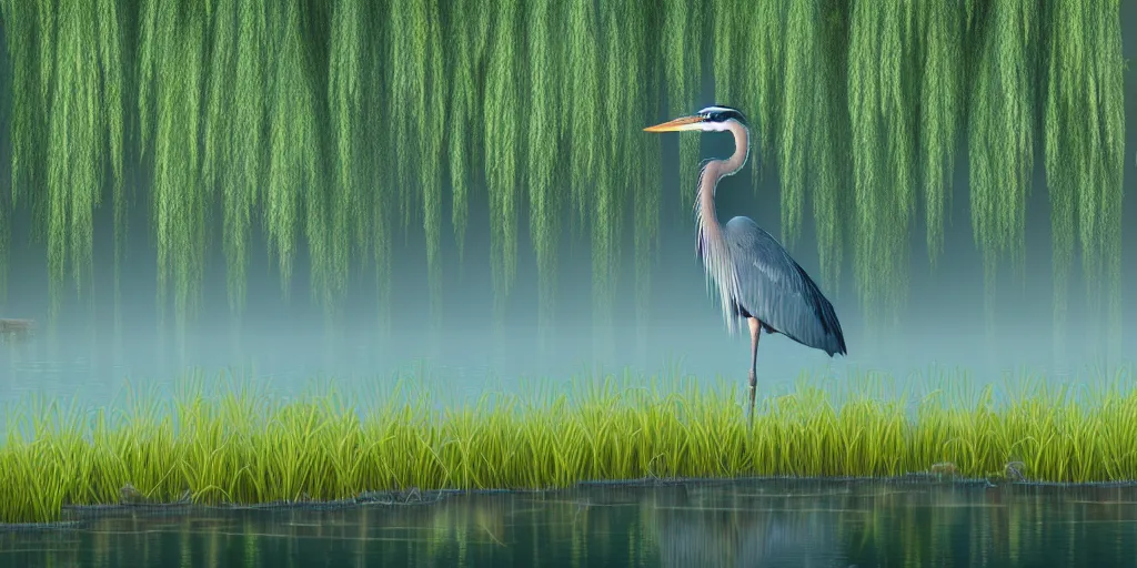 Image similar to a majestic blue heron in shallow river, willow trees, cherry blosom trees, lily pads, bullrushes, marsh, clouds, volumetric lighting, intricate, luminescent matte painting, highly detailed, artstation