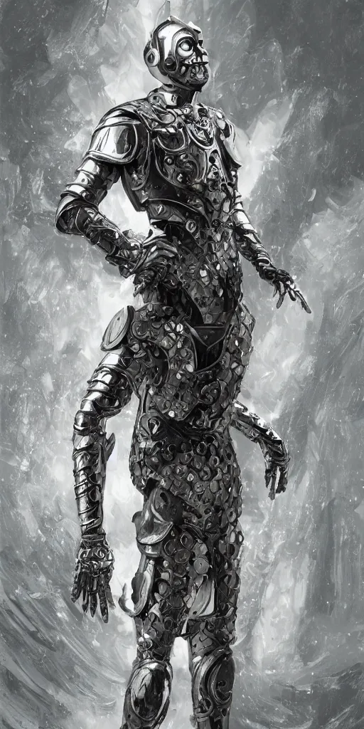 Image similar to powerful male tin man, willem dafoe as tinman, full body character concept, covered in full metal armor, art nouveau, super powers, fantasy, intricate, elegant, highly detailed, digital painting, artstation, concept art, shining, sharp focus, illustration, art by stanley lau