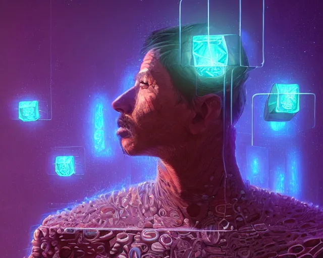 Image similar to portrait of wizard with ion stone cubes orbiting head, intricate abstract. intricate artwork, by tooth wu, wlop, beeple, dan mumford. concept art, octane render, trending on artstation, greg rutkowski very coherent symmetrical artwork. cinematic, key art, hyper realism, high detail, octane render, 8 k, iridescent accents