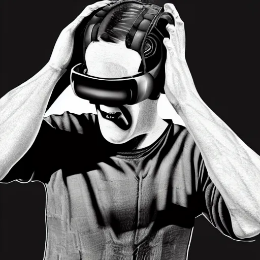 Prompt: frankenstein wearing a vr headset, dark synthwave style, trending on artstation