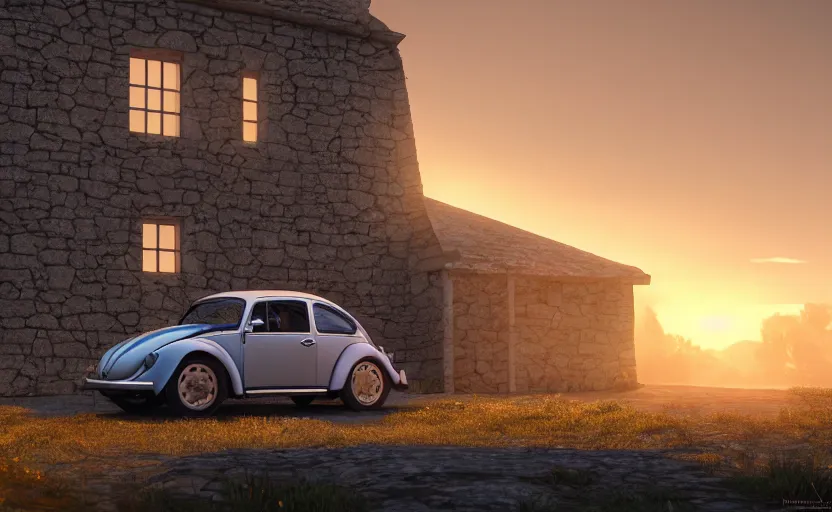 Image similar to a vw beetle parked near a small medieval stone house at sunrise, concept art, octane render, unreal engine 5, trending on artstation, high quality, 8 k, soft lighting, path traced, hyperrealistic, highly detailed, digital art, symmetrical, cinematic, high coherence, godrays