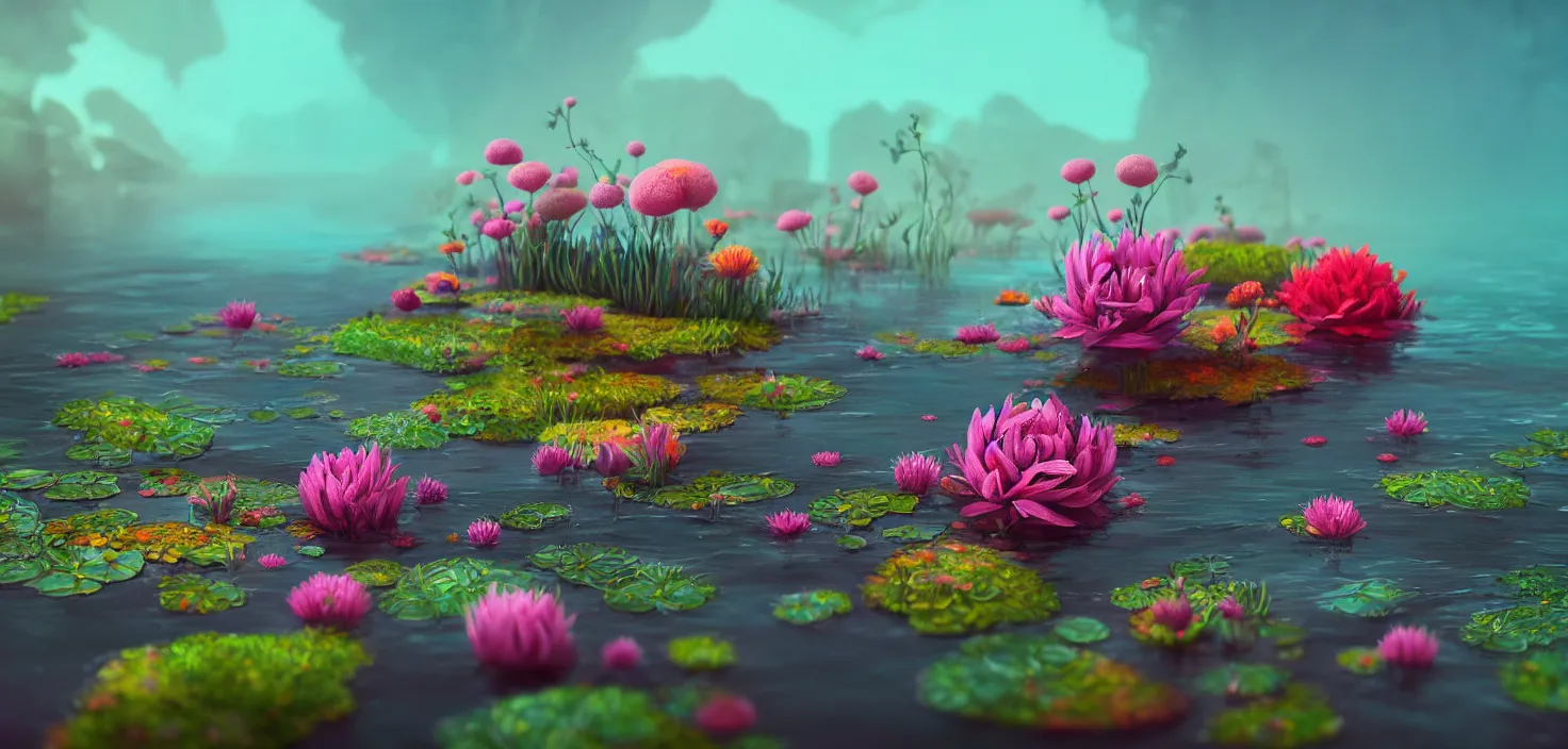 Prompt: colourful murky nature with the flowers on water, in the style of craola, shallow depth of field, highly detailed, digital painting, trending artstation, concept art, illustration, cinematic lighting, vibrant colors, photorealism, epic, octane render