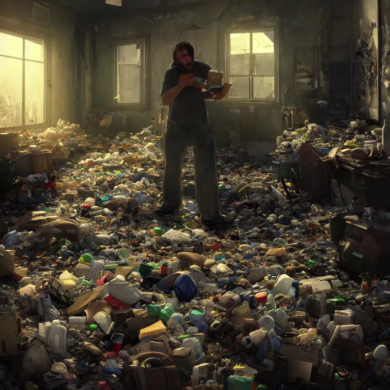 Image similar to a cinematic shot of a hoarder in a room filled with garbage, claustrophobic, octane render, volumetric lighting, nvidia raytracing demo, by Andy Thomas, Mario Martinez, Daniel Mirante, Gustave Dore, Artstation, CGsociety, masterpiece