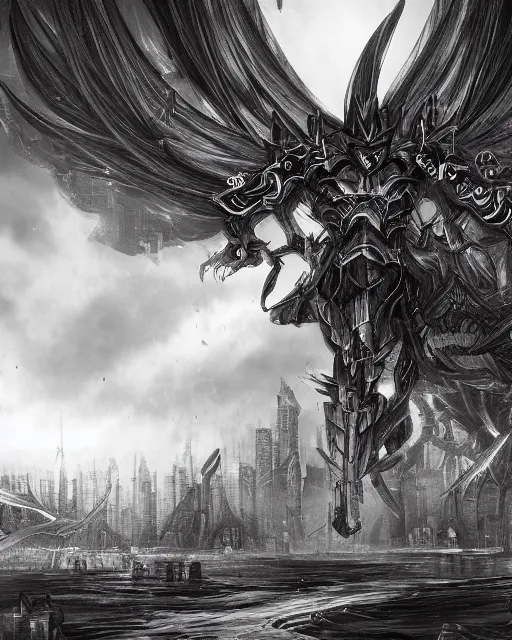 Prompt: the empty city, terrifying, evil, black and white, environment art, fantasy art, landscape art, in the style of masami kurumada, illustration, epic, fantasy, intricate, hyper detailed, artstation, concept art, smooth, sharp focus, ray tracing