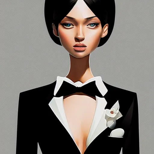 Image similar to slim girl in black tuxedo, corporate boss, luxury, 2d, ultra highly detailed, smooth, sharp focus, digital art, digital painting, elegant, artstation, by Ilya Kuvshinov
