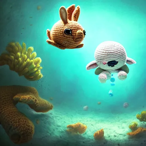 Prompt: a baby crochet bunny diving underwater. cute, illustration, digital art, inspired by little big planet, by greg rutkowski, sharp, masterpiece, highly detailed, photorealistic, octane render, 8 k, unreal engine 5, trending on artstation, vivid colors