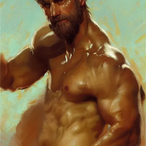 Image similar to Gladiator, muscular, detailed face, correct face, painting by Gaston Bussiere, Craig Mullins